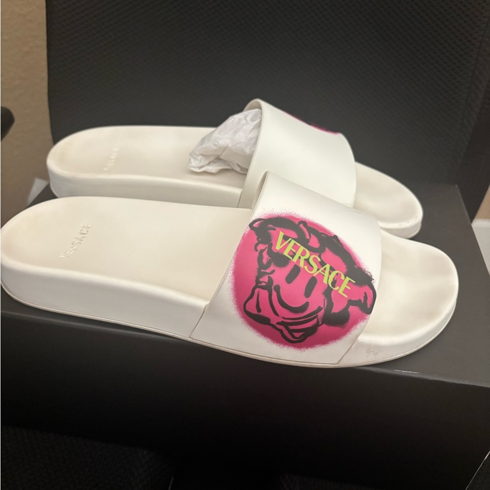 Versace White Sandals with Pink Medusa Accent